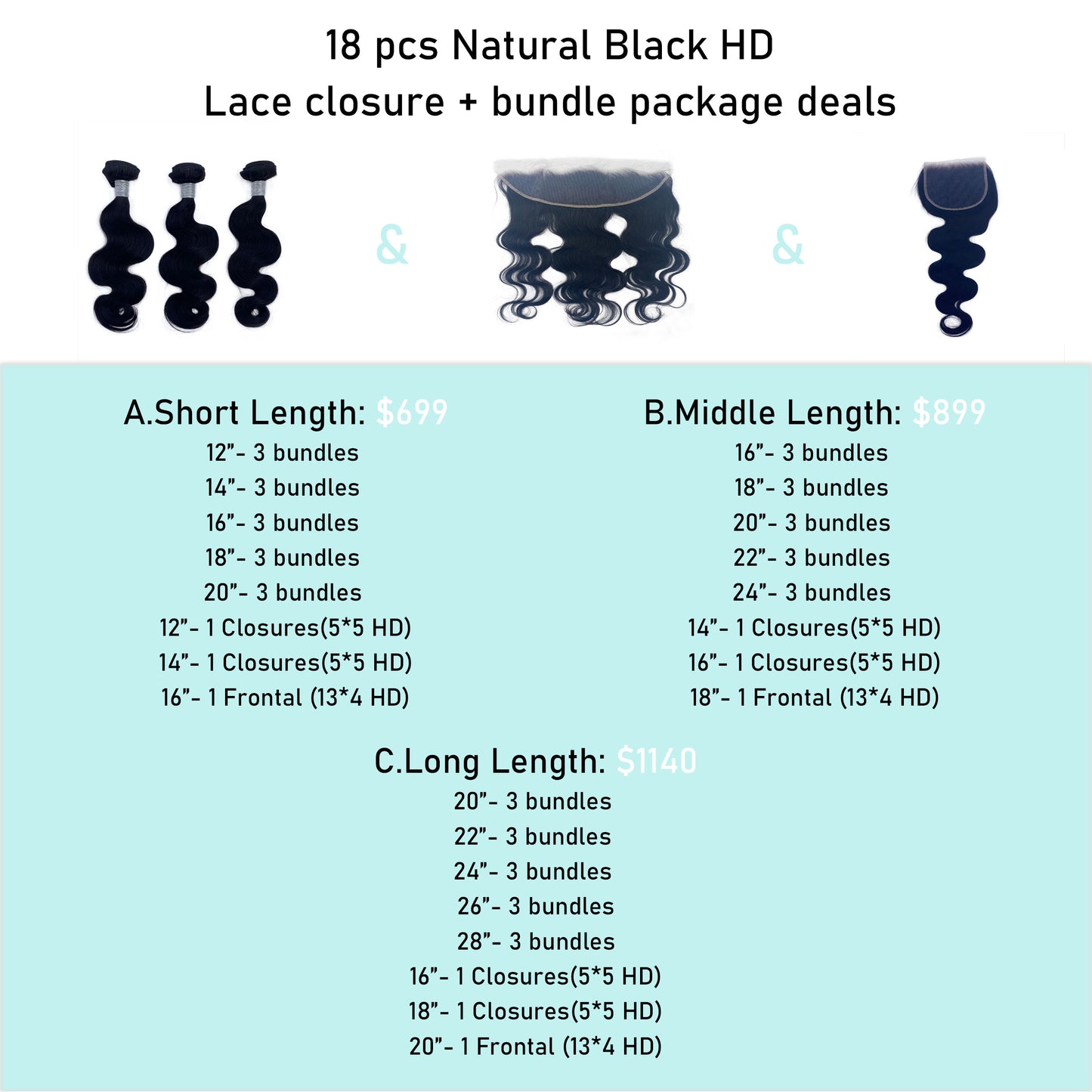 18 PCS Natural Black HD Closure + Bundle Package Deal