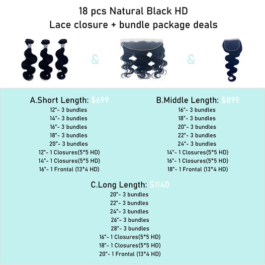 18 PCS Natural Black HD Closure + Bundle Package Deal