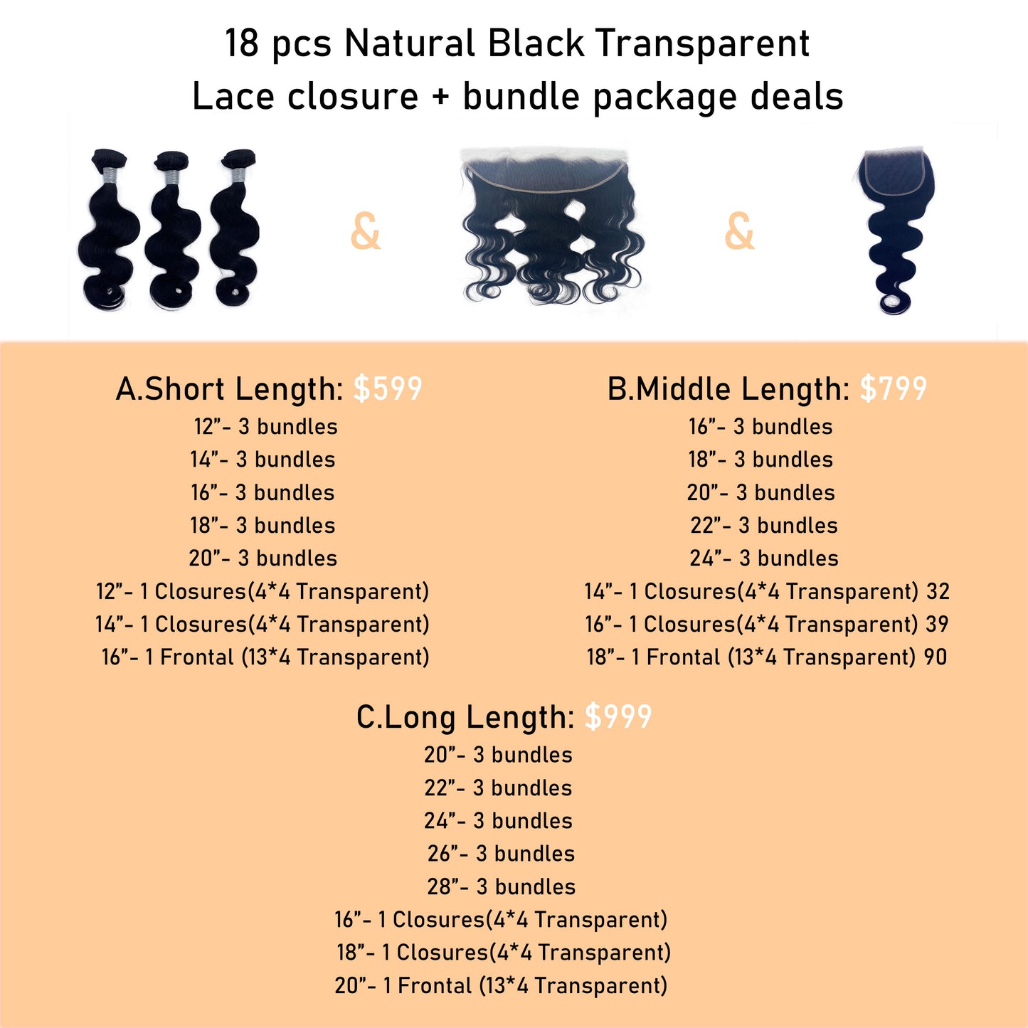 18pcs Natural Black Package Deal with Closure and Bundle
