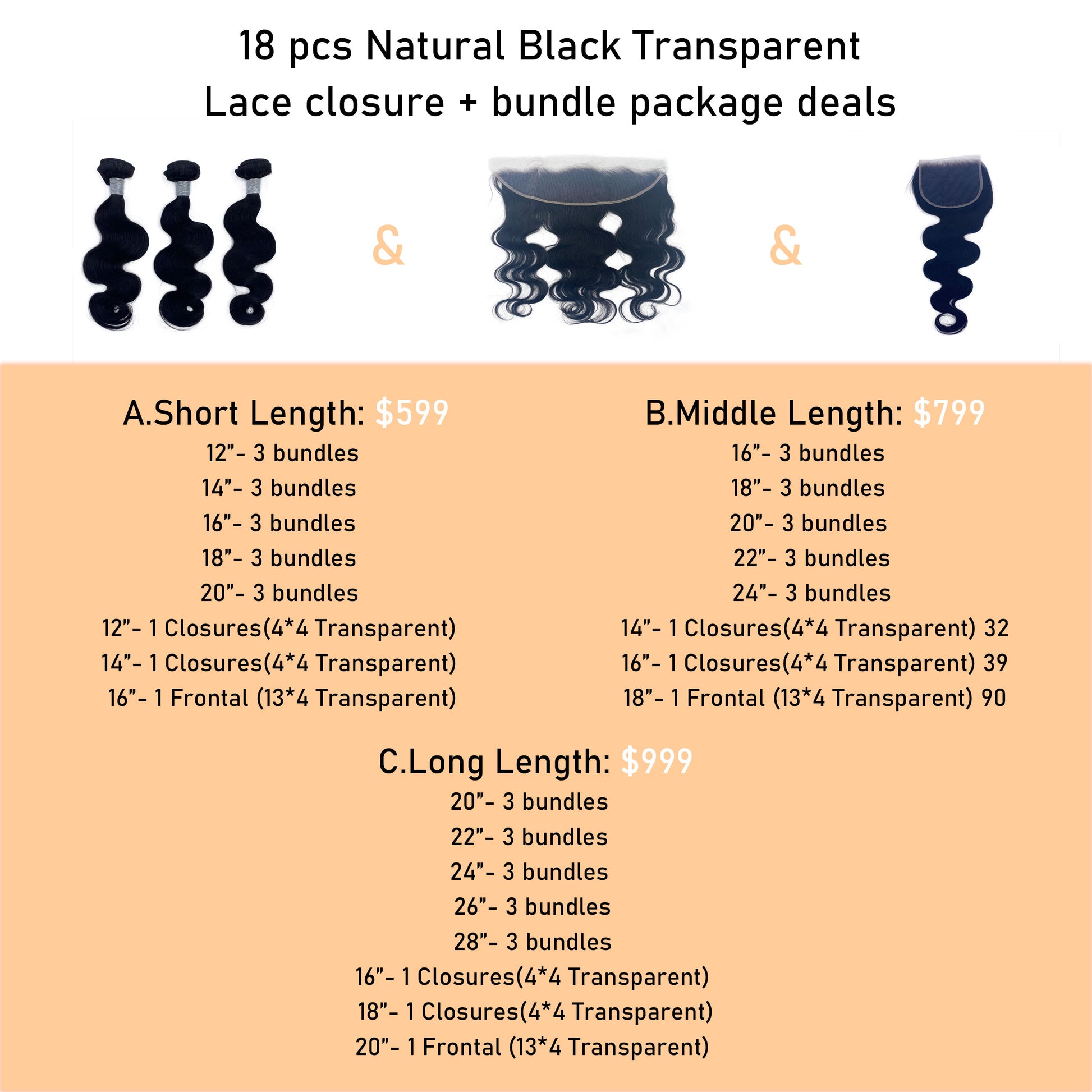 18pcs Natural Black Package Deal with Closure and Bundle