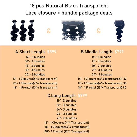 18pcs Natural Black Package Deal with Closure and Bundle