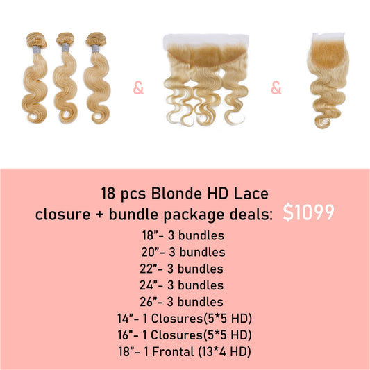 18 PCS Blonde HD Closure + Bundle Package Deal